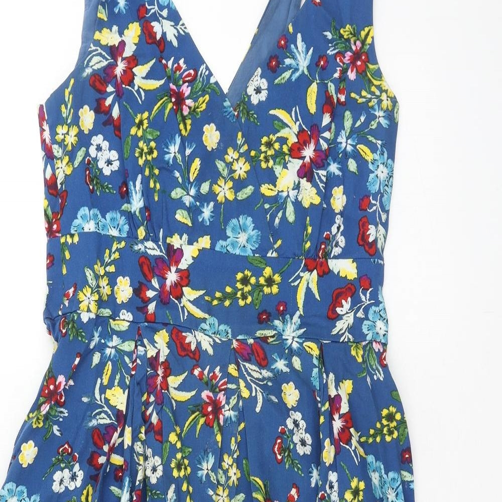 Joe Browns Womens Blue Floral Cotton Fit & Flare Size 12 V-Neck Zip
