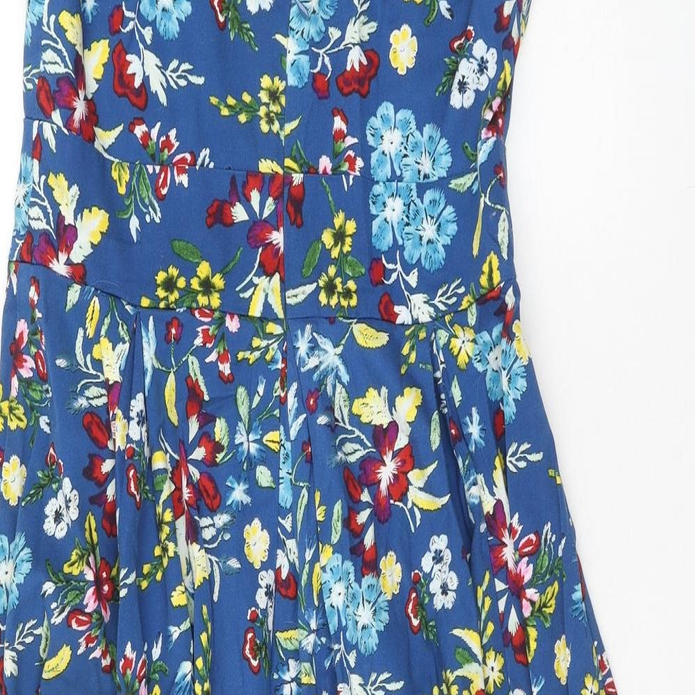 Joe Browns Womens Blue Floral Cotton Fit & Flare Size 12 V-Neck Zip