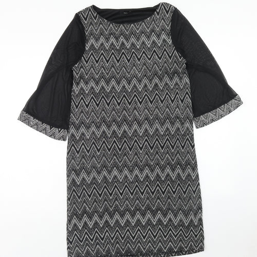M&Co Womens Black Geometric Nylon Shift Size 14 Round Neck Pullover