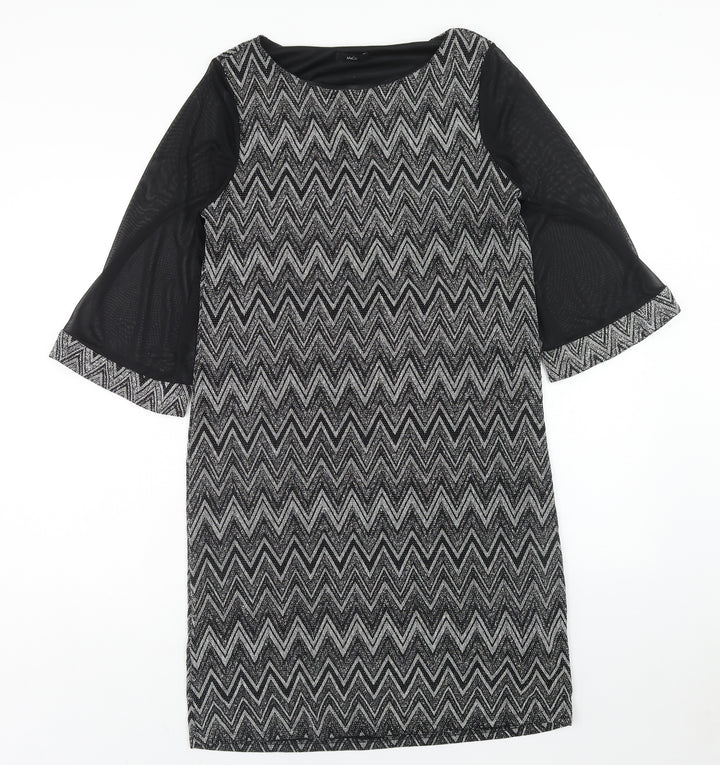 M&Co Womens Black Geometric Nylon Shift Size 14 Round Neck Pullover