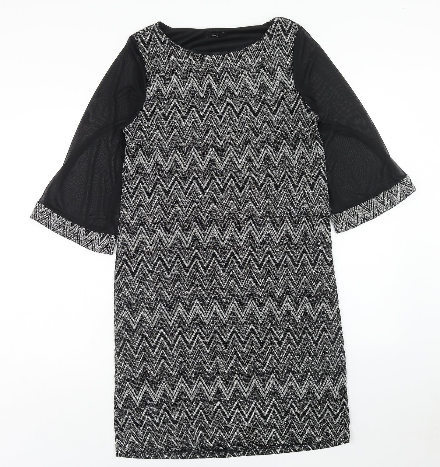 M&Co Womens Black Geometric Nylon Shift Size 14 Round Neck Pullover
