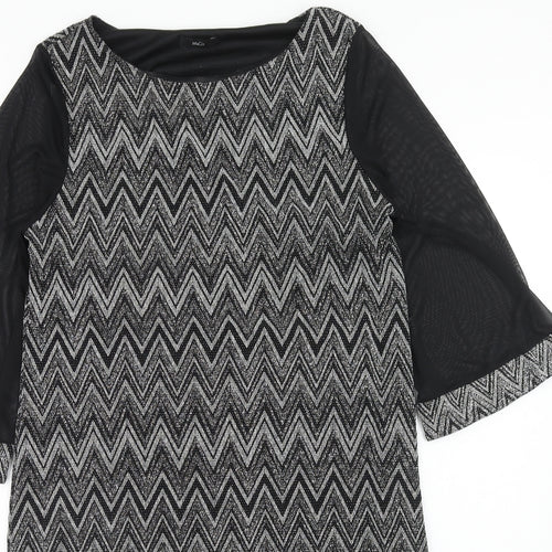M&Co Womens Black Geometric Nylon Shift Size 14 Round Neck Pullover