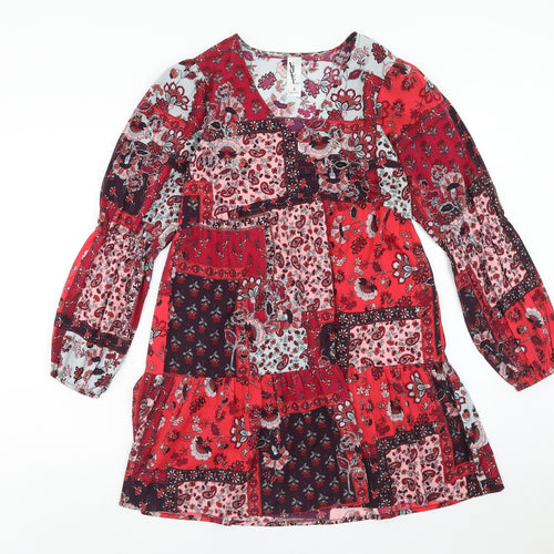 Violet Romance Womens Red Floral Polyester A-Line Size 8 V-Neck Pullover - Patchwork