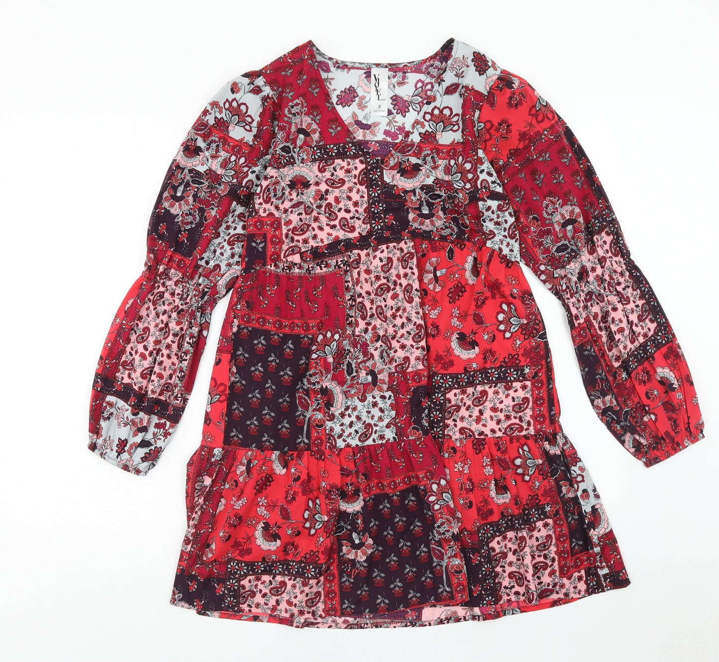 Violet Romance Womens Red Floral Polyester A-Line Size 8 V-Neck Pullover - Patchwork