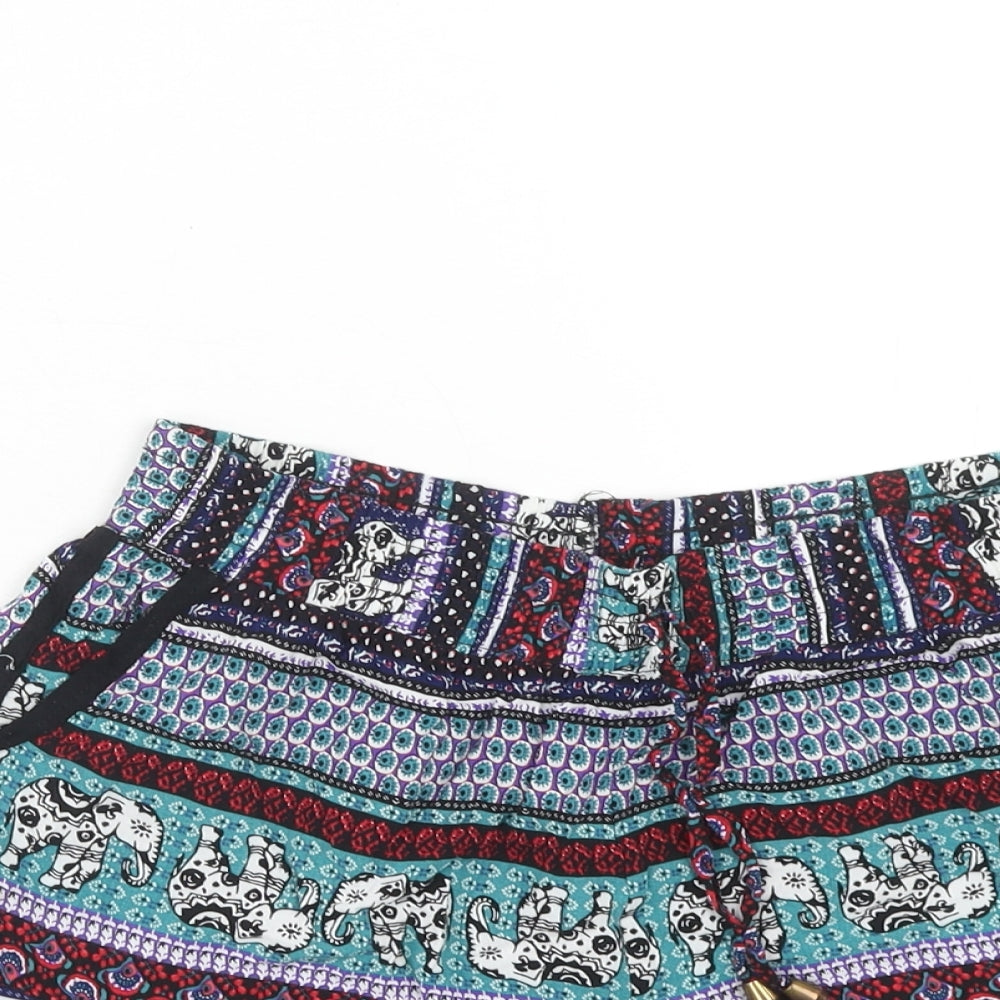 Preworn Womens Multicoloured Geometric Polyester Hot Pants Shorts Size M Regular Drawstring
