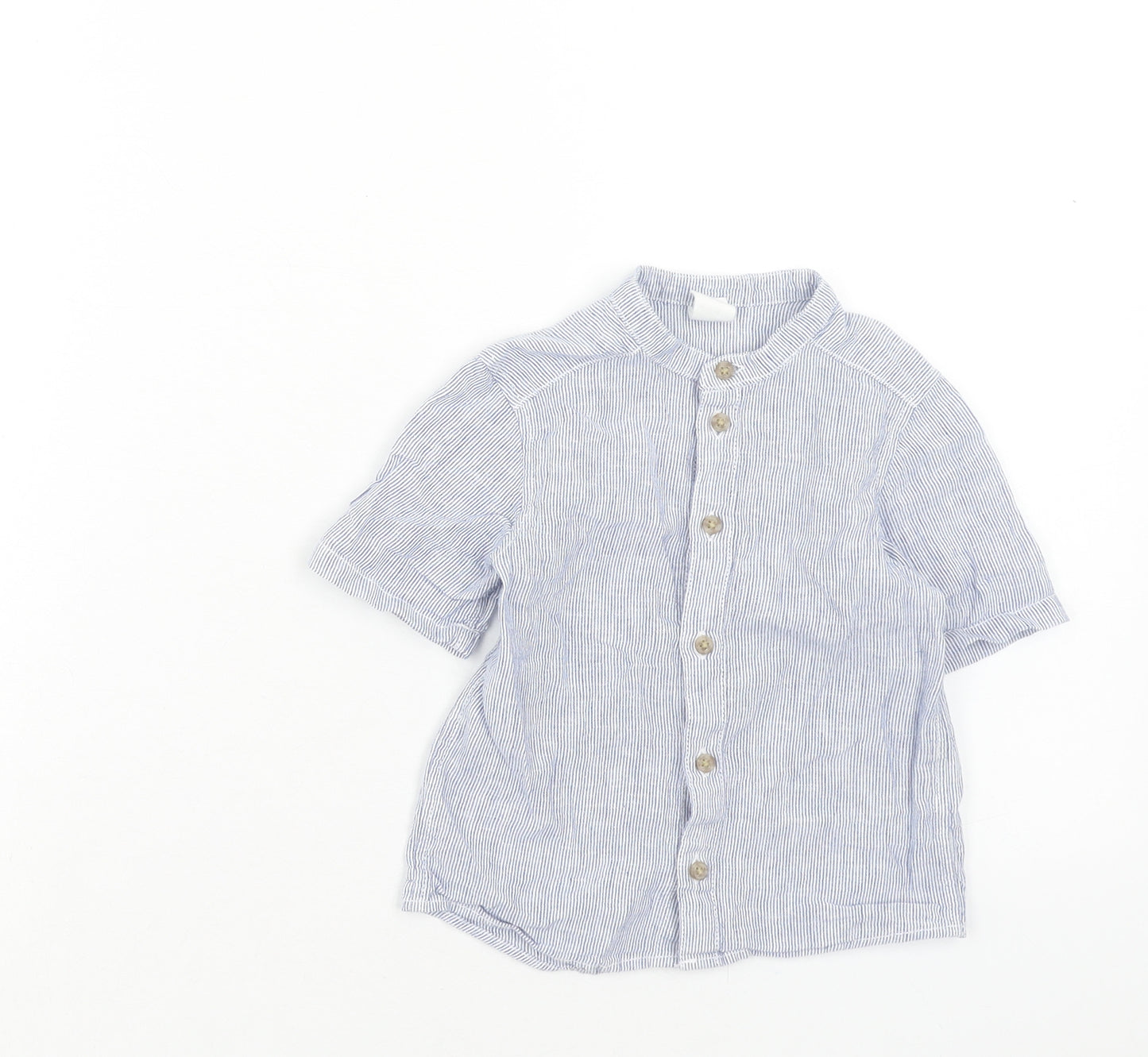 H&M Boys Blue Striped Linen Basic Button-Up Size 12-18 Months Round Neck Button