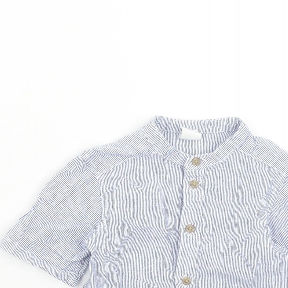 H&M Boys Blue Striped Linen Basic Button-Up Size 12-18 Months Round Neck Button