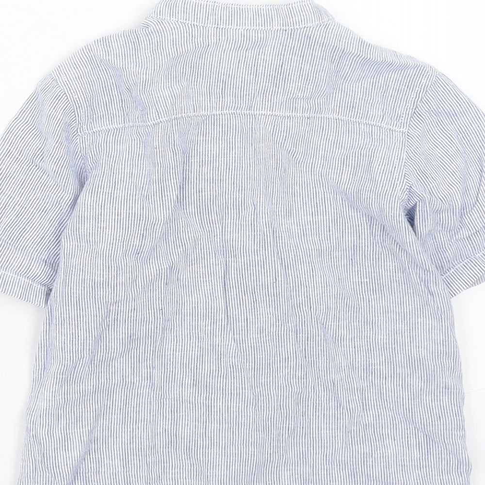 H&M Boys Blue Striped Linen Basic Button-Up Size 12-18 Months Round Neck Button