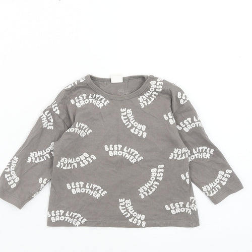 H&M Boys Grey Geometric Cotton Basic T-Shirt Size 9-12 Months Round Neck Button - Best Little Brother
