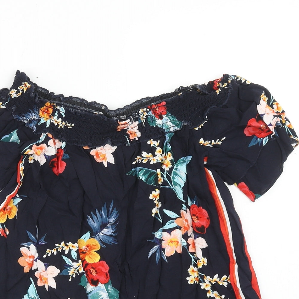 Dorothy Perkins Womens Blue Floral Viscose Basic Blouse Size 8 Boat Neck