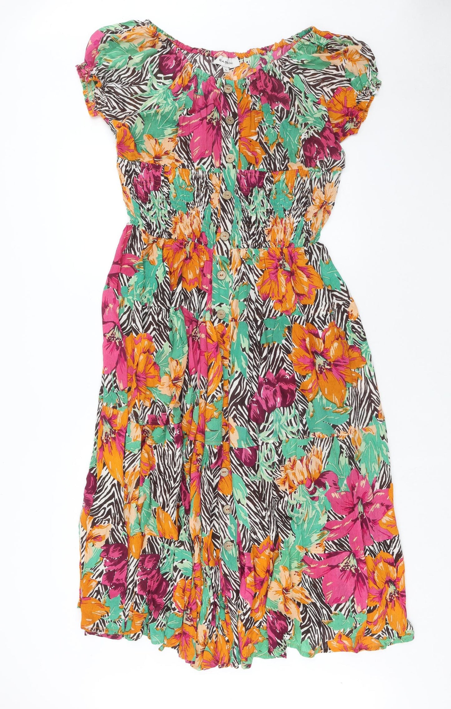 BASSINI Womens Multicoloured Floral Viscose Fit & Flare Size L Round Neck Pullover