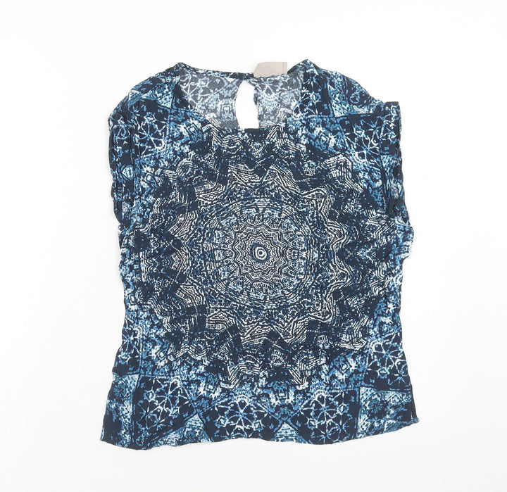 Label Lab Womens Blue Geometric Viscose Basic Blouse Size S Round Neck