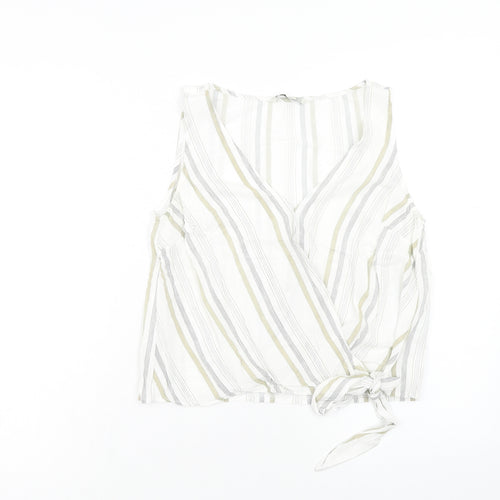 Stradivarius Womens White Striped Viscose Cropped Tank Size M V-Neck