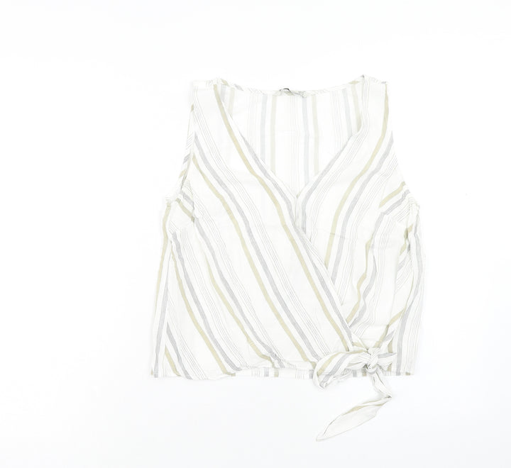 Stradivarius Womens White Striped Viscose Cropped Tank Size M V-Neck