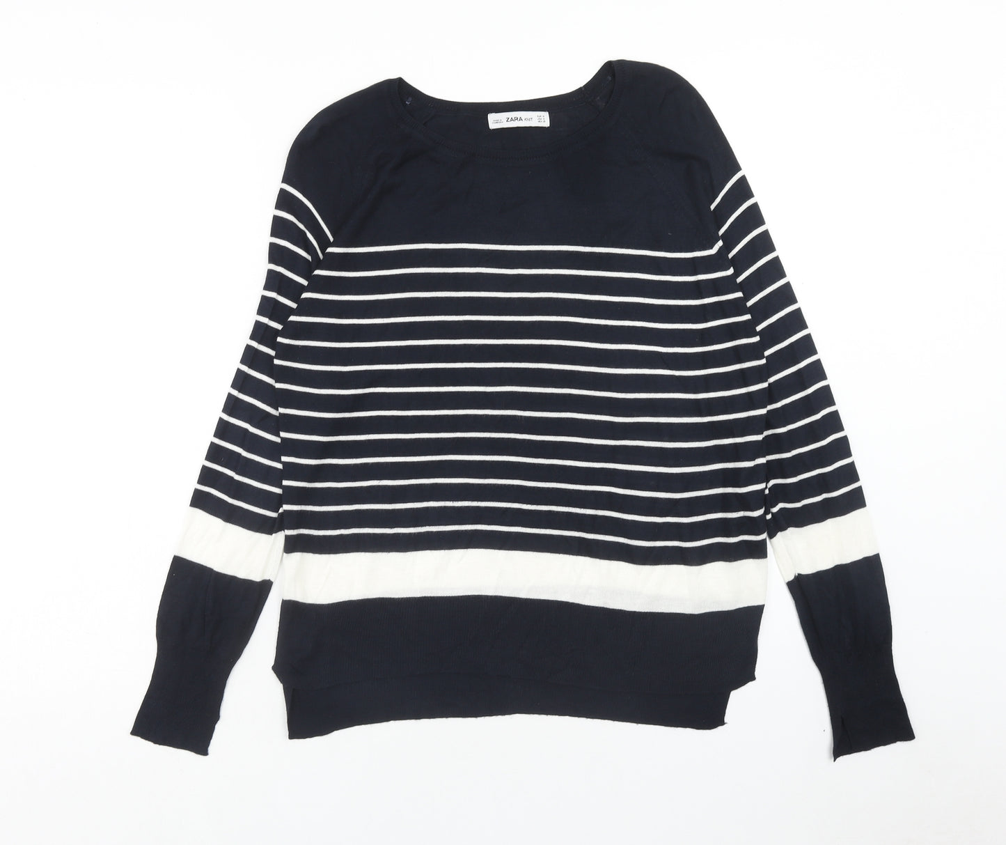 Zara Womens Black Boat Neck Striped Viscose Pullover Jumper Size M
