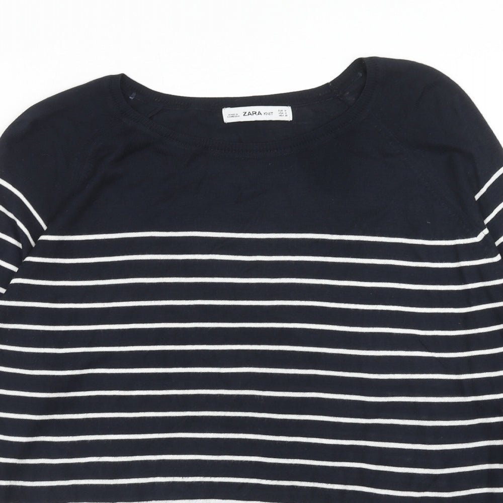 Zara Womens Black Boat Neck Striped Viscose Pullover Jumper Size M