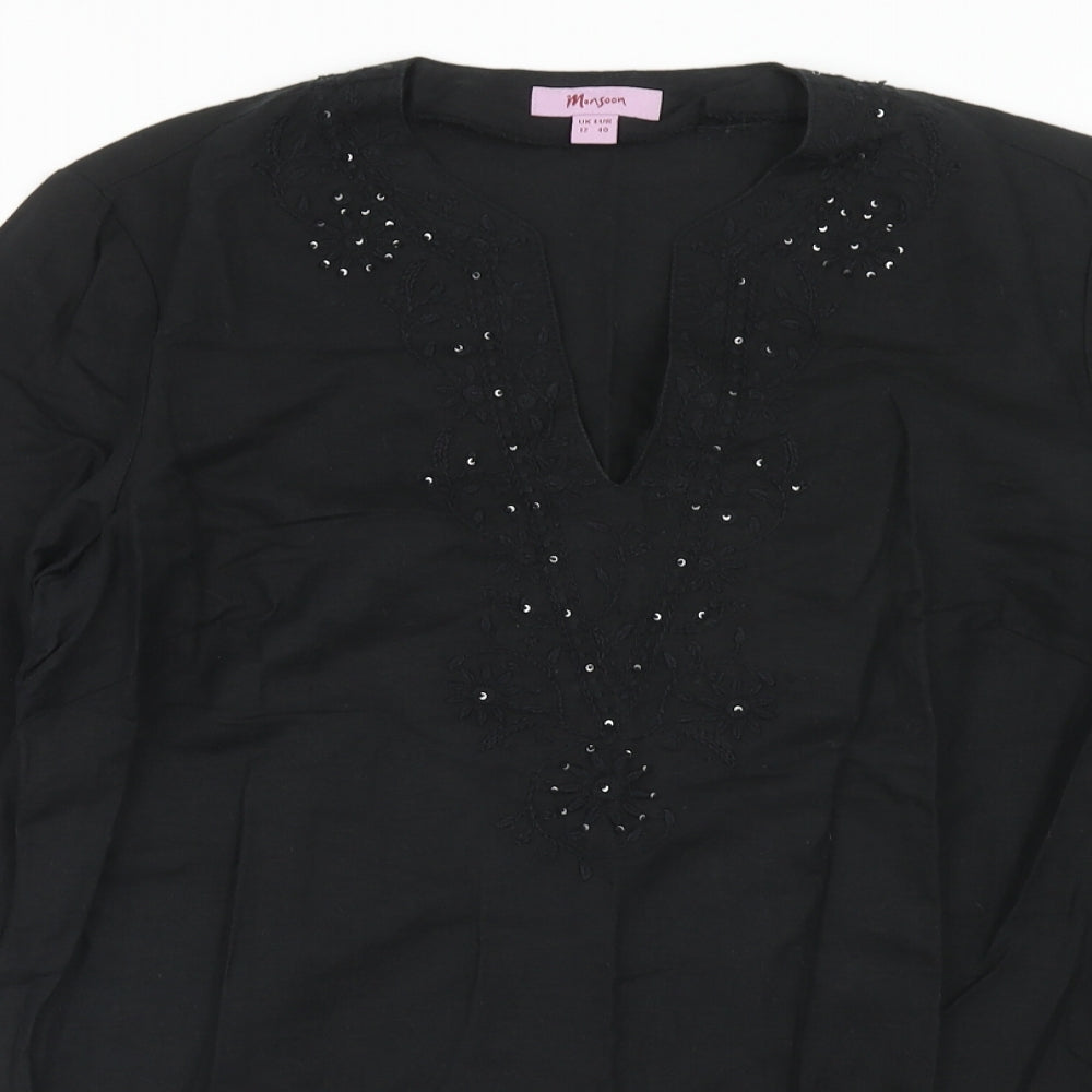 Monsoon Womens Black Linen Basic Blouse Size 12 V-Neck