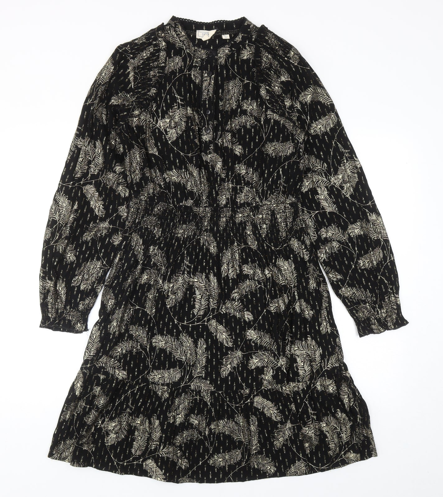 Fat Face Womens Black Geometric Viscose A-Line Size 8 V-Neck Button
