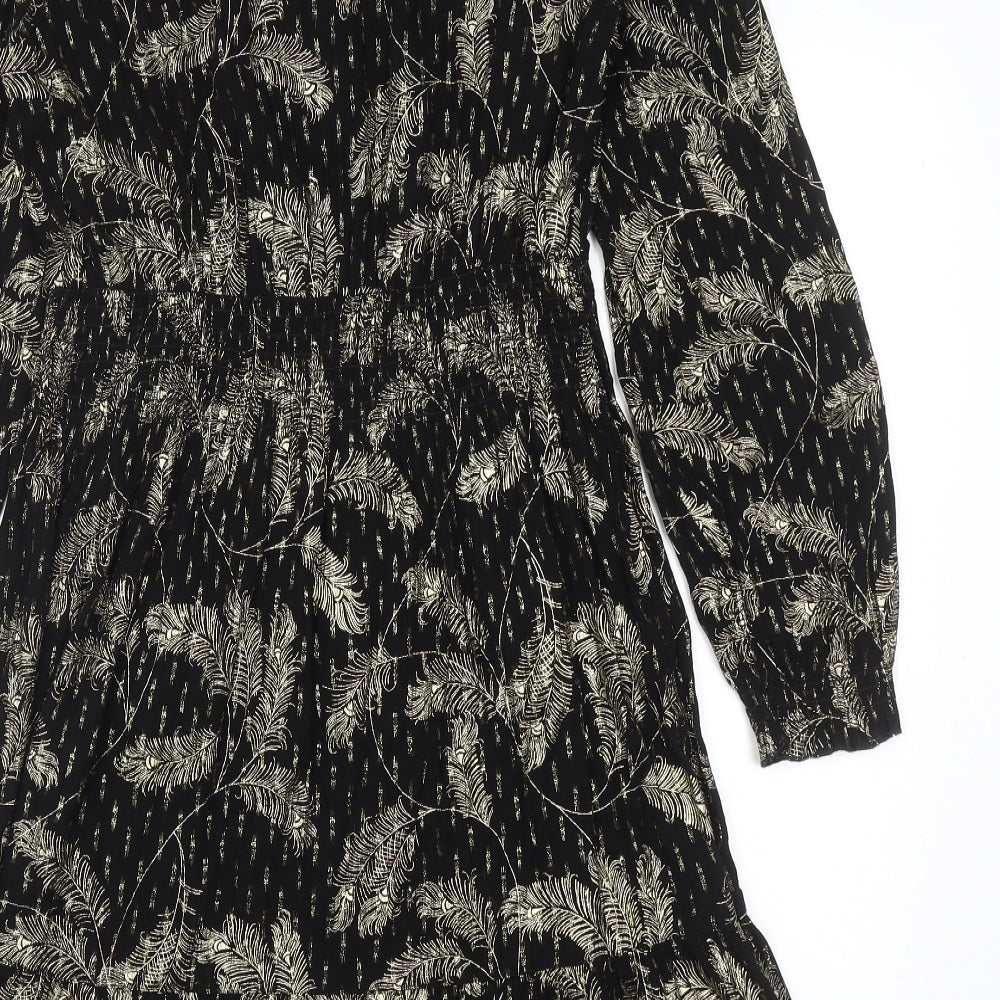 Fat Face Womens Black Geometric Viscose A-Line Size 8 V-Neck Button