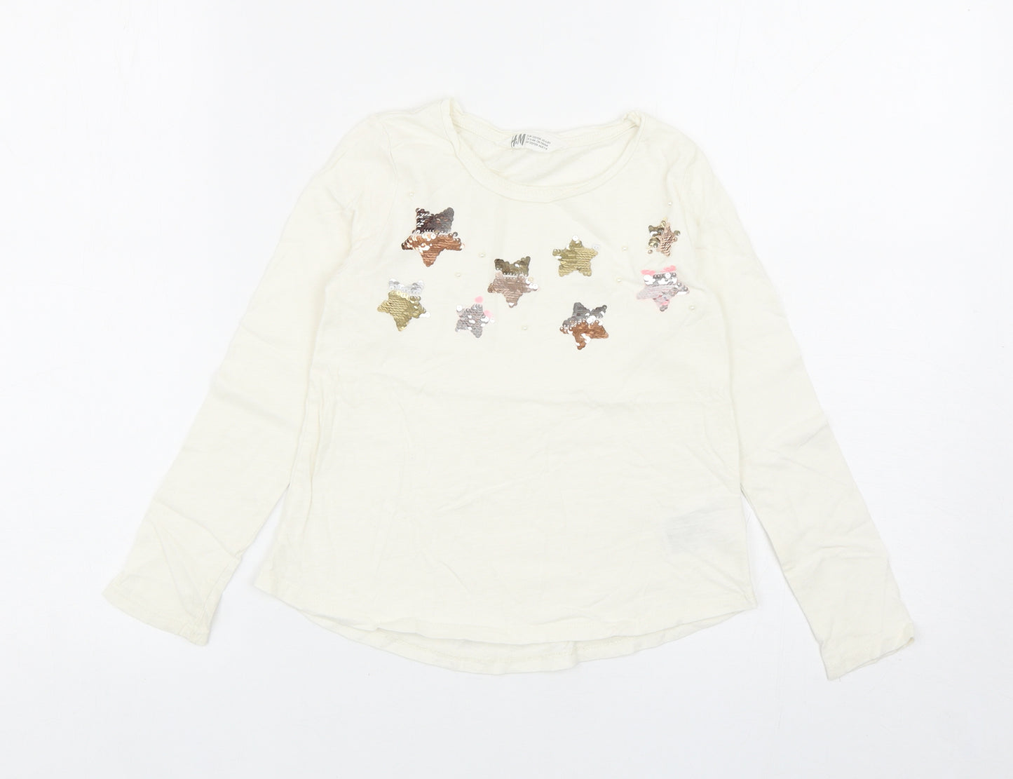 H&M Girls Ivory Cotton Basic T-Shirt Size 7-8 Years Round Neck Pullover - Stars