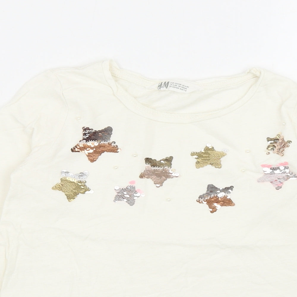 H&M Girls Ivory Cotton Basic T-Shirt Size 7-8 Years Round Neck Pullover - Stars