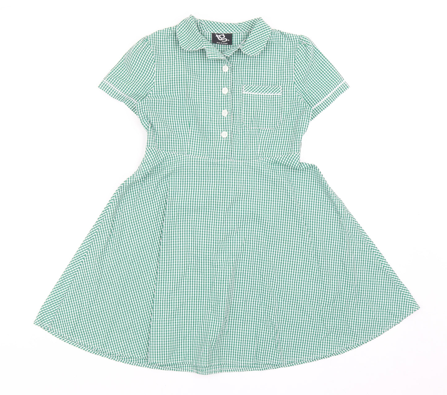 TG Girls Green Gingham Cotton Pinafore/Dungaree Dress Size 6-7 Years Round Neck Button - School