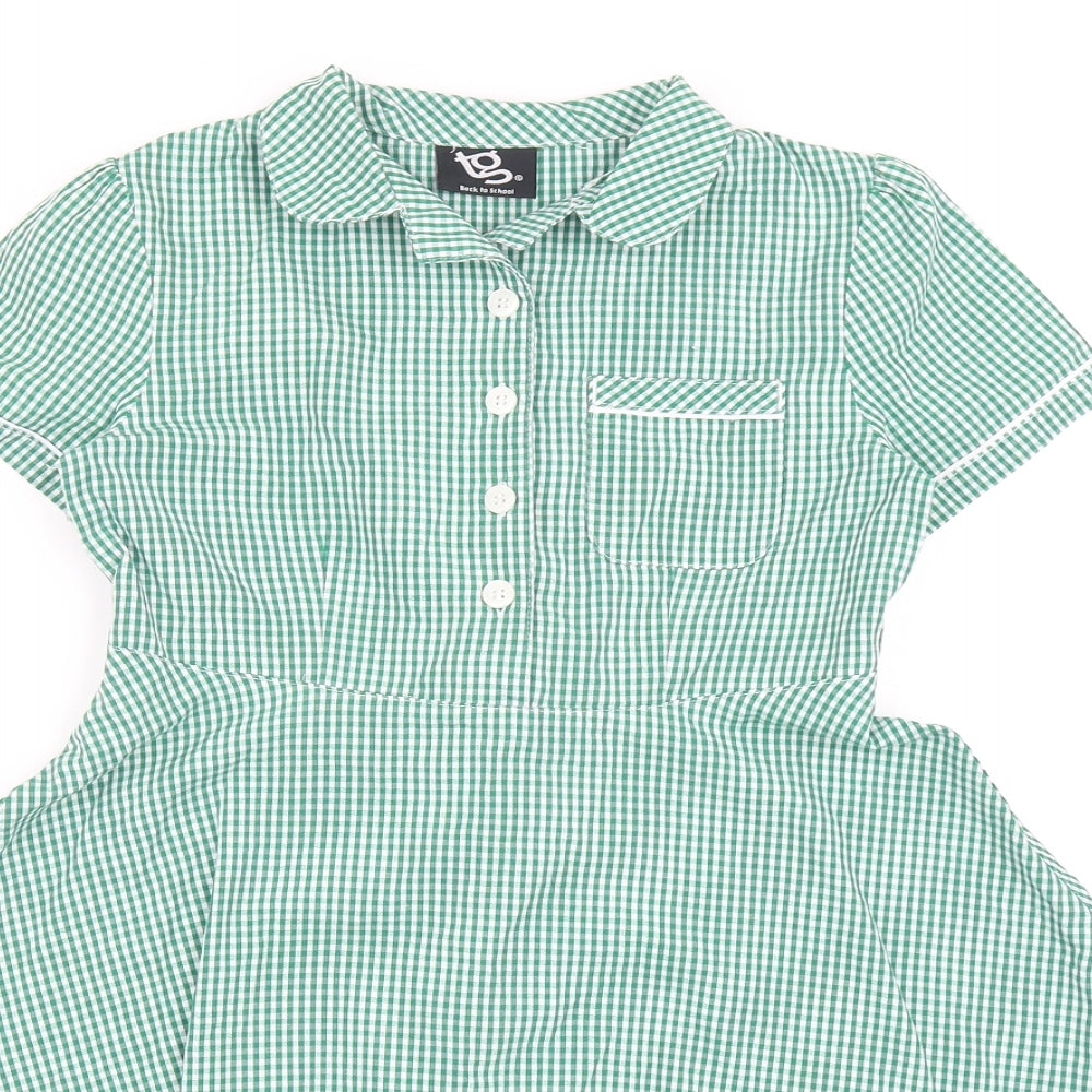 TG Girls Green Gingham Cotton Pinafore/Dungaree Dress Size 6-7 Years Round Neck Button - School