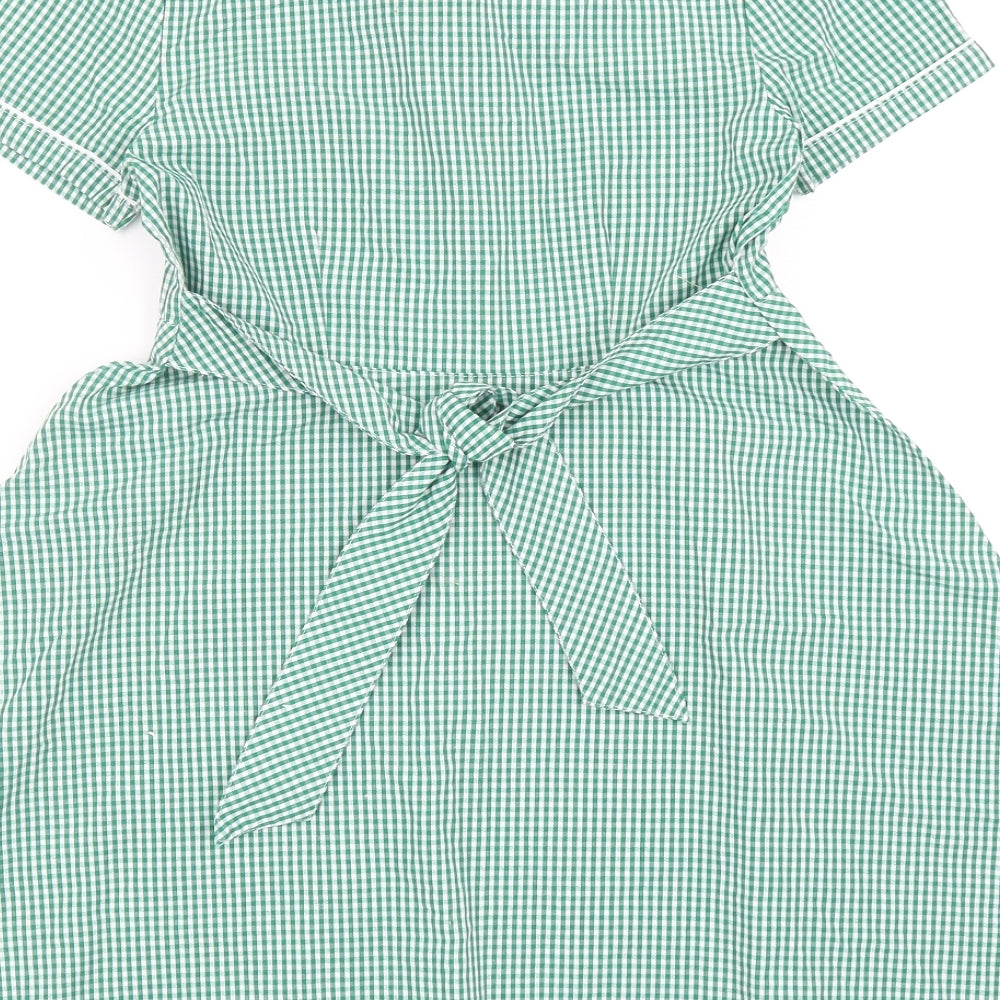 TG Girls Green Gingham Cotton Pinafore/Dungaree Dress Size 6-7 Years Round Neck Button - School
