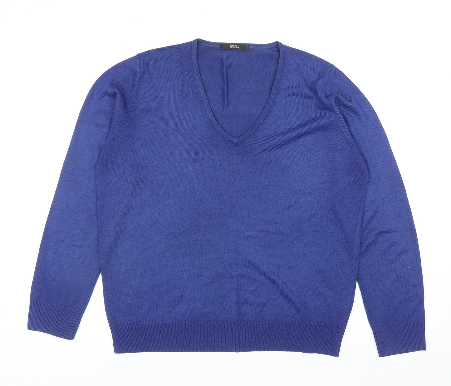 Marks and Spencer Womens Blue V-Neck Acrylic Pullover Jumper Size 14