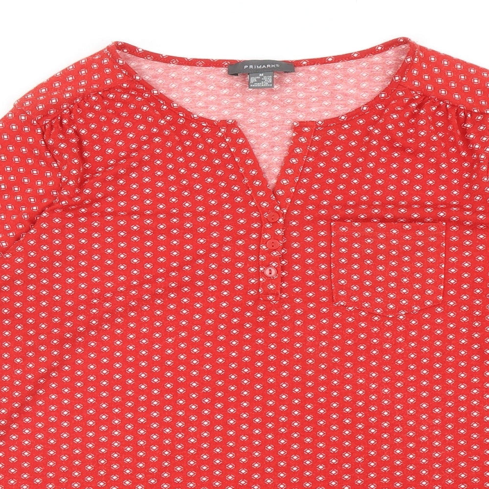 Primark Womens Red Geometric Polyester Basic T-Shirt Size M V-Neck