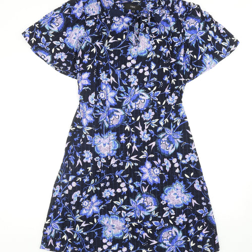 NEXT Womens Blue Floral Viscose A-Line Size 10 Round Neck Tie