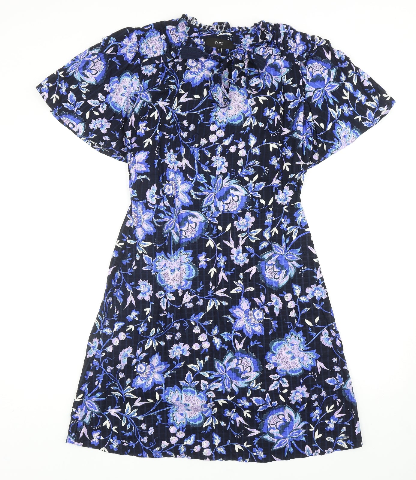 NEXT Womens Blue Floral Viscose A-Line Size 10 Round Neck Tie
