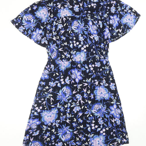 NEXT Womens Blue Floral Viscose A-Line Size 10 Round Neck Tie