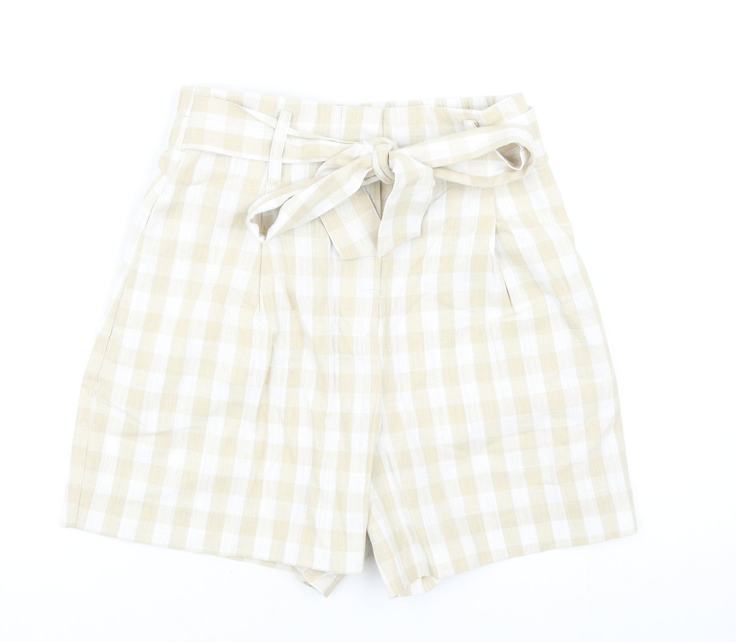 Zara Womens Beige Check Cotton Culotte Shorts Size M Regular Button