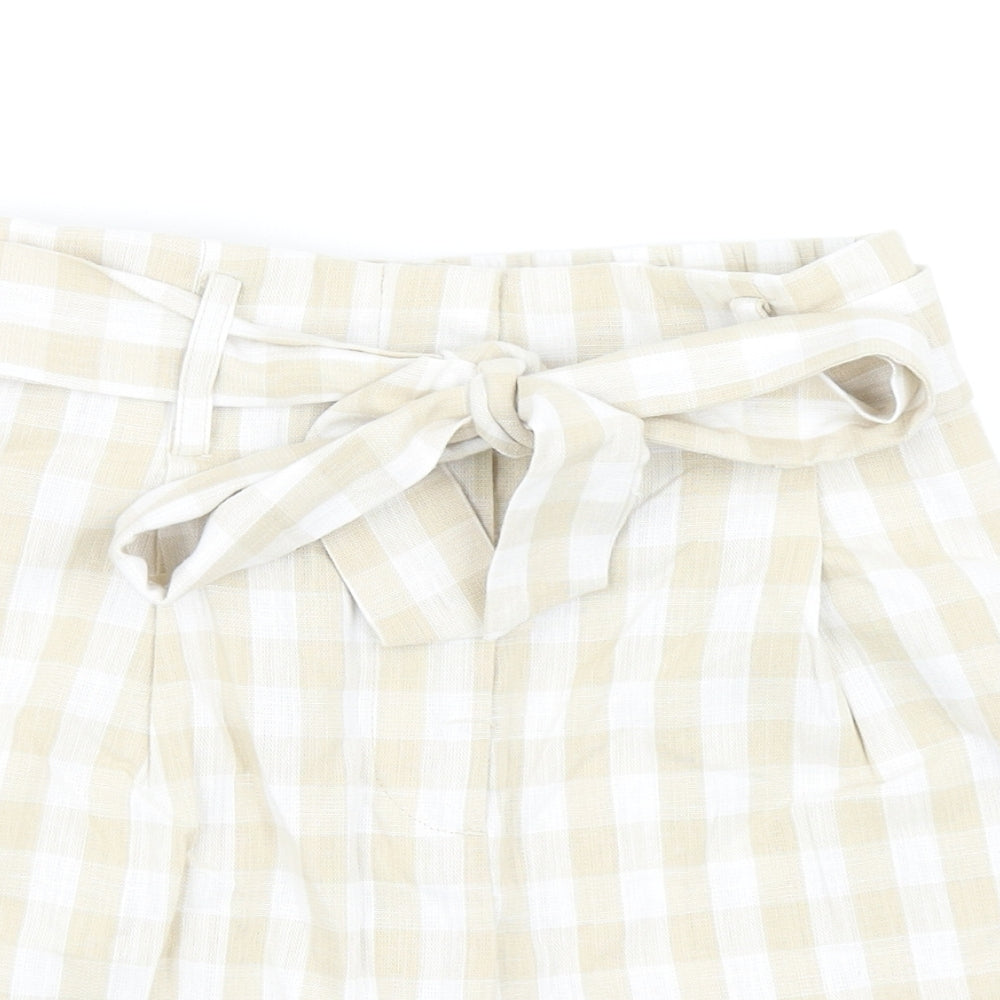 Zara Womens Beige Check Cotton Culotte Shorts Size M Regular Button