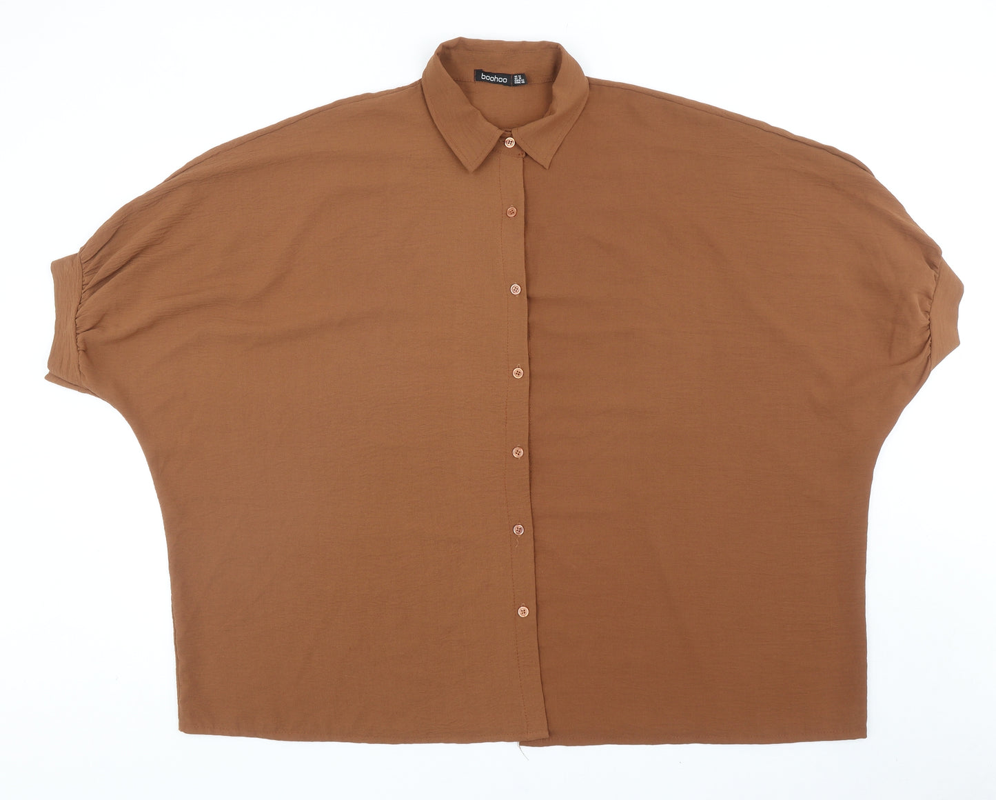 Boohoo Womens Brown Polyester Basic Button-Up Size 14 Collared