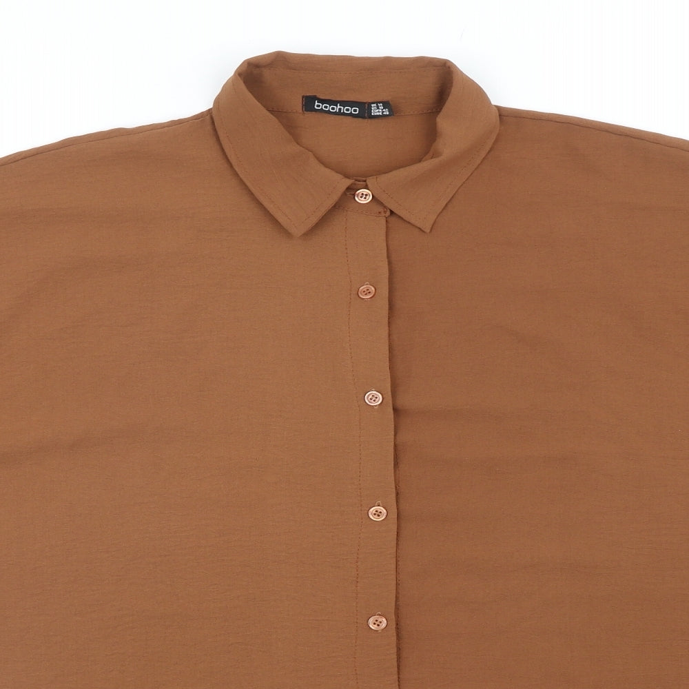 Boohoo Womens Brown Polyester Basic Button-Up Size 14 Collared