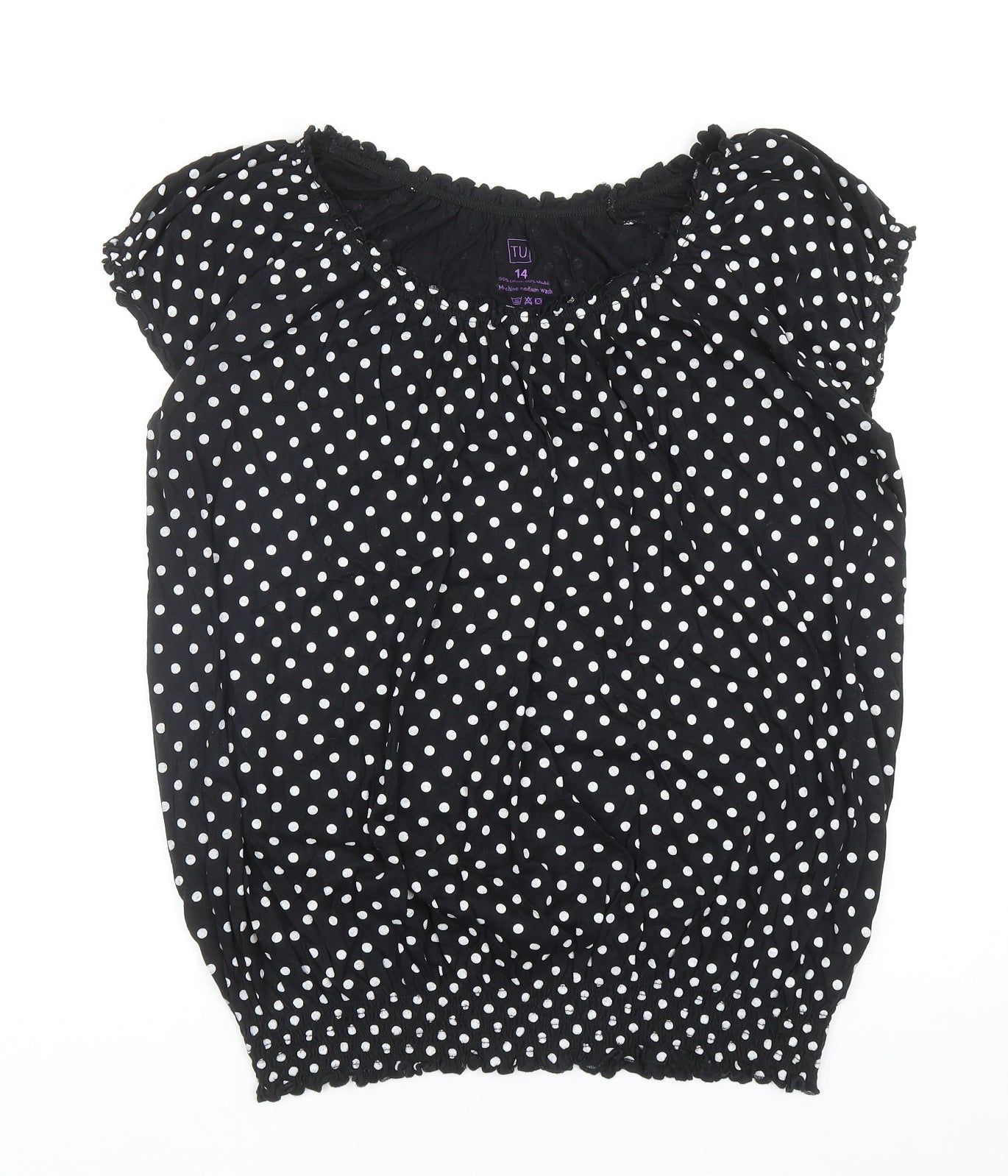 TU Womens Black Polka Dot Cotton Basic Blouse Size 14 Round Neck