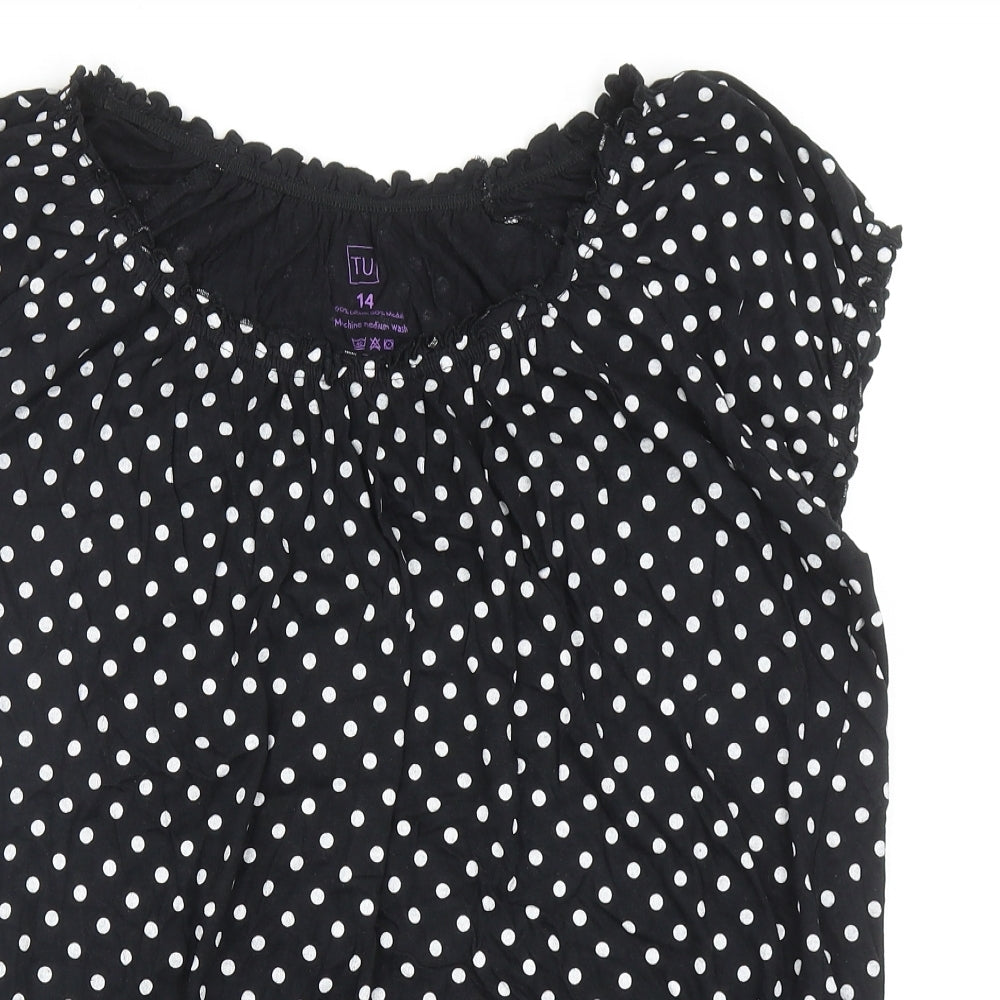 TU Womens Black Polka Dot Cotton Basic Blouse Size 14 Round Neck