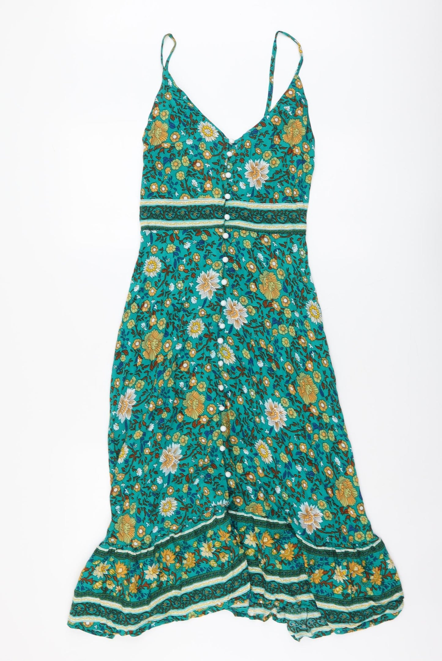 SheIn Womens Green Geometric Polyester Shift Size M V-Neck Button