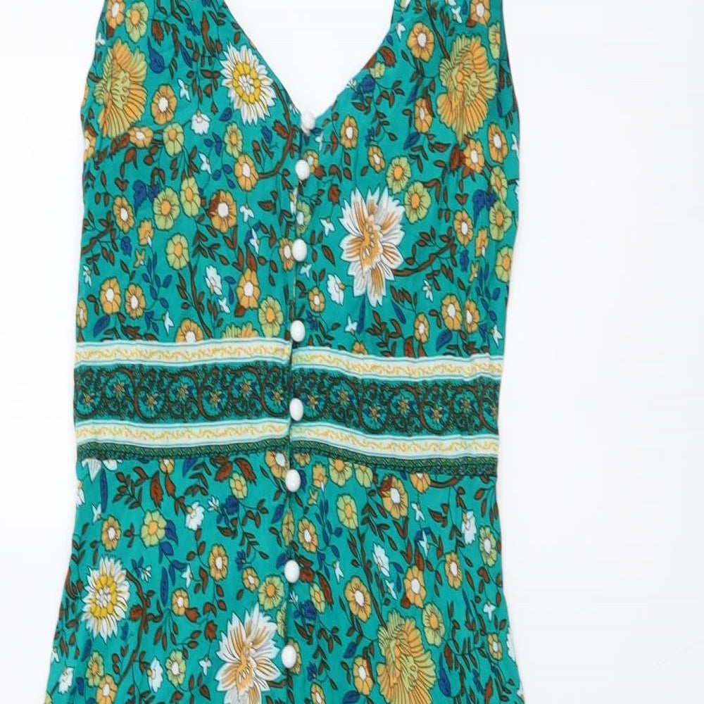 SheIn Womens Green Geometric Polyester Shift Size M V-Neck Button