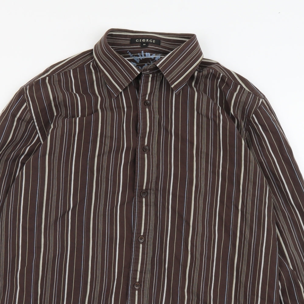 George Mens Brown Striped Cotton Button-Up Size M Collared Button