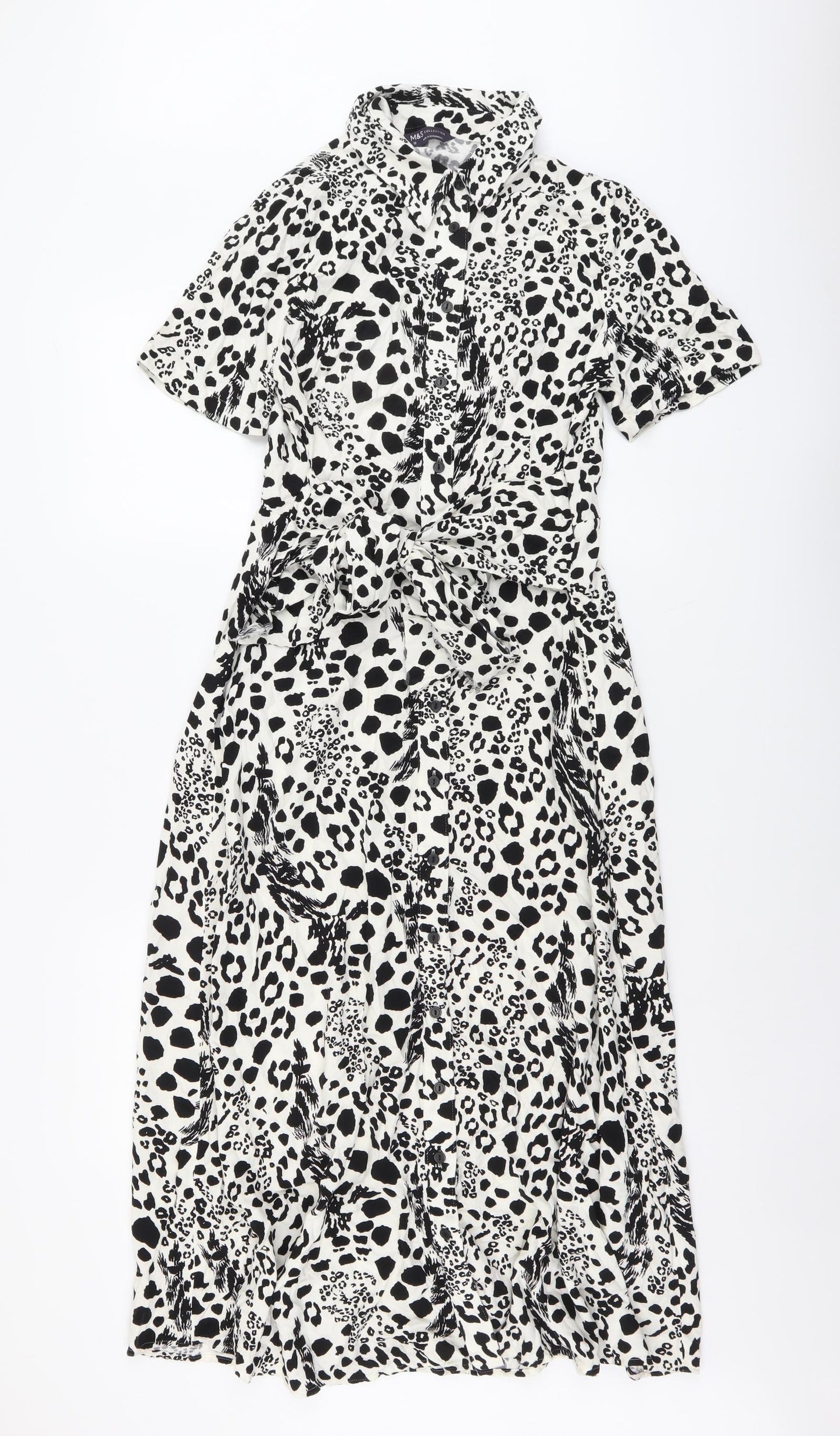 Marks and Spencer Womens White Animal Print Viscose Shirt Dress Size 12 Collared Button - Leopard Pattern