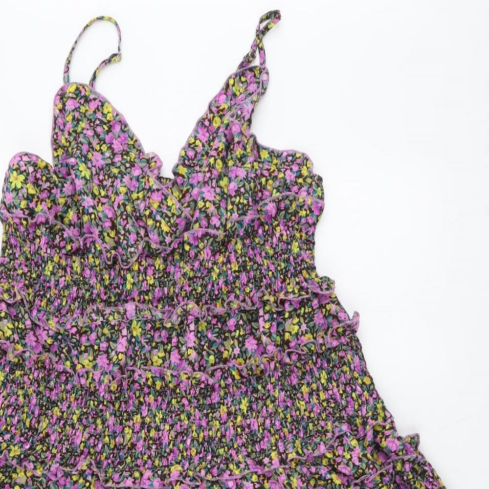 Boohoo Womens Purple Floral Polyester Tank Dress Size 16 V-Neck Pullover