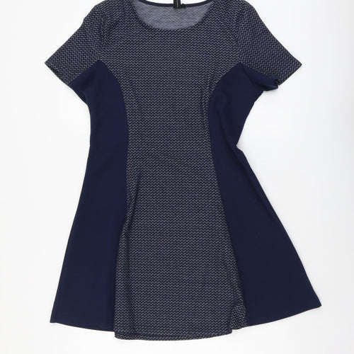 Izabel Womens Blue Geometric Polyester Fit & Flare Size 14 Round Neck Pullover