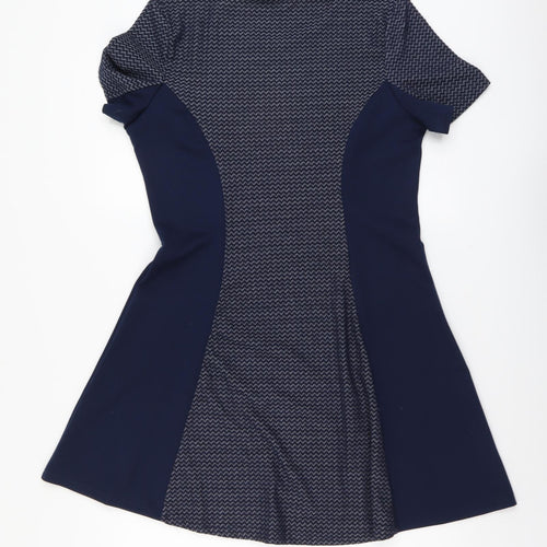 Izabel Womens Blue Geometric Polyester Fit & Flare Size 14 Round Neck Pullover