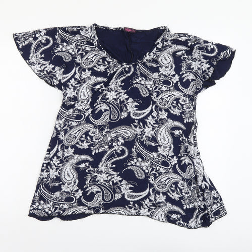 Style Plus Womens Blue Geometric Viscose Basic T-Shirt Size M Round Neck