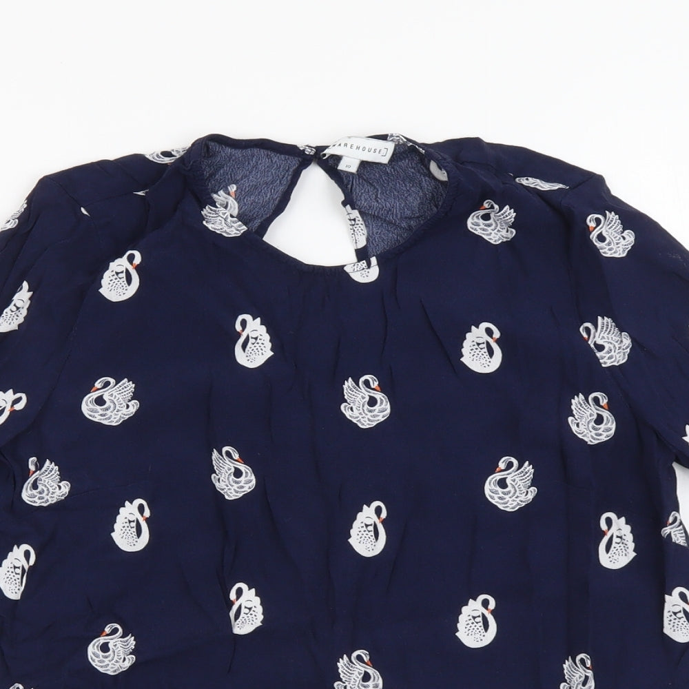 Warehouse Womens Blue Geometric Viscose Basic Blouse Size 10 Round Neck