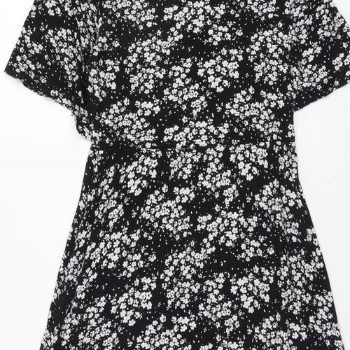 Peacocks Womens Black Floral Viscose A-Line Size 10 Mock Neck Button