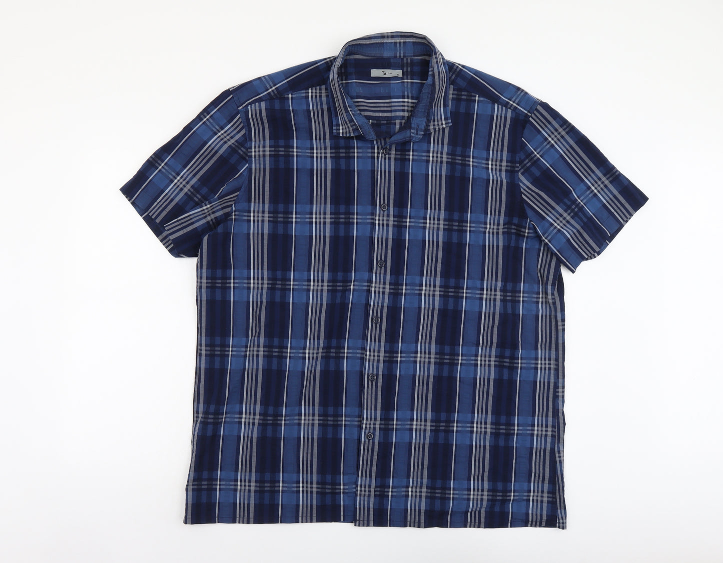 TU Mens Blue Plaid Polyester Button-Up Size XL Collared Button